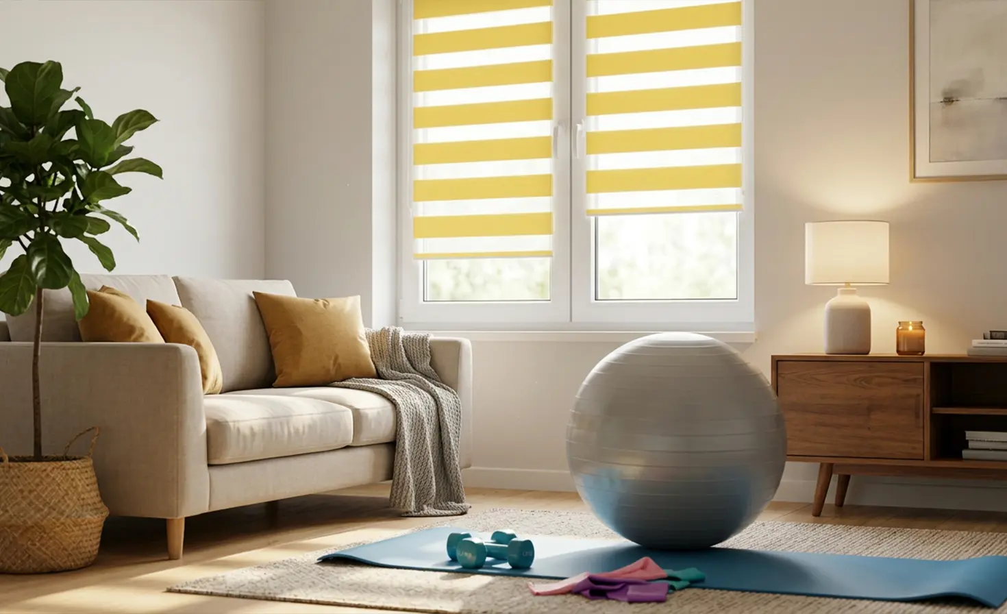 Exercise mat and workout equipment laid out in a living room with a yellow day-and-night blind on the window.