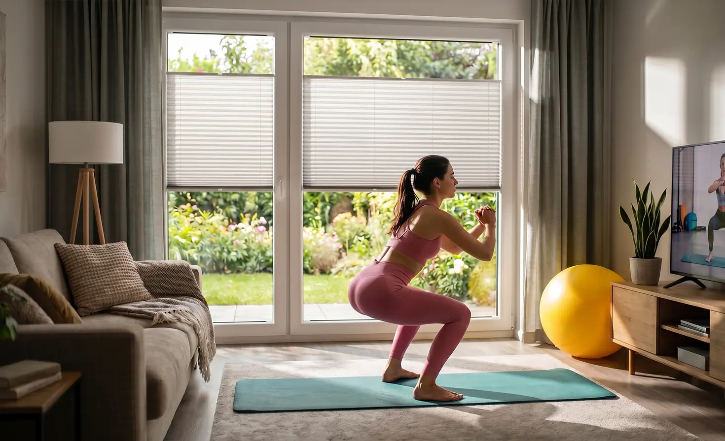 Woman working out in a living room in front of a television, with standard white pleated blinds on the window.
