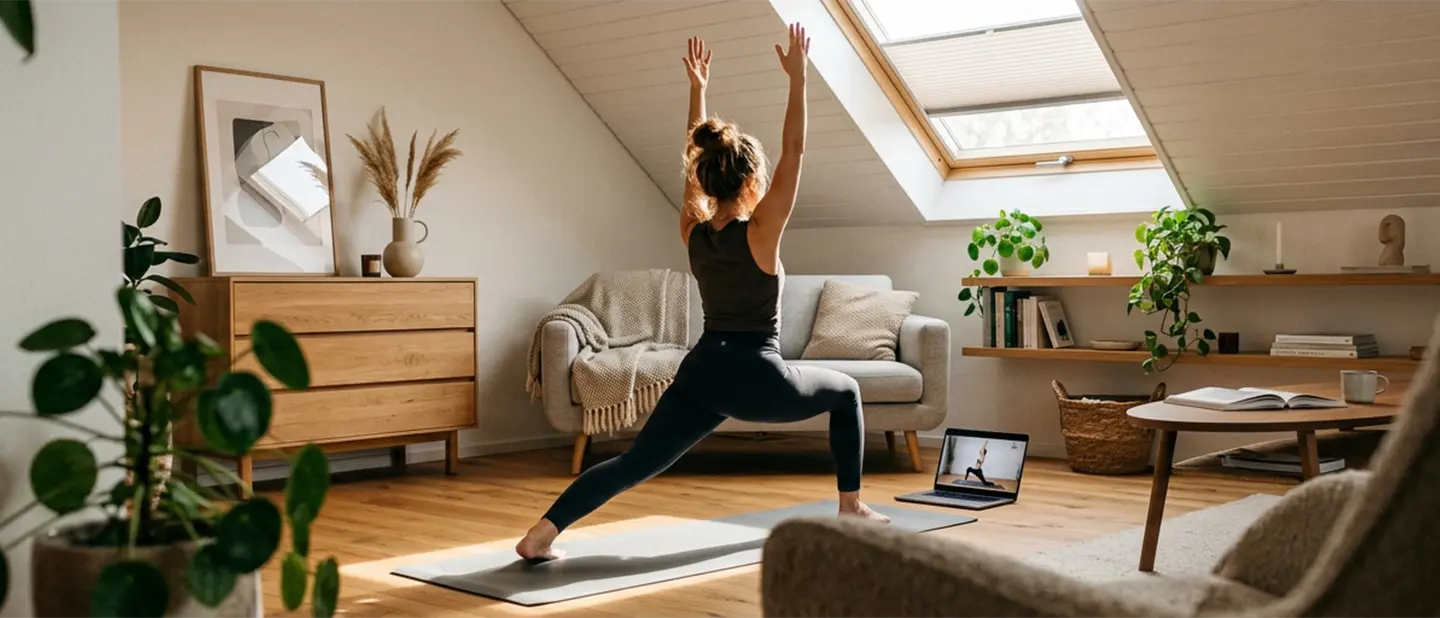 Woman doing yoga on a mat in front of a laptop in a living room with a roof pleated blind on the window.
