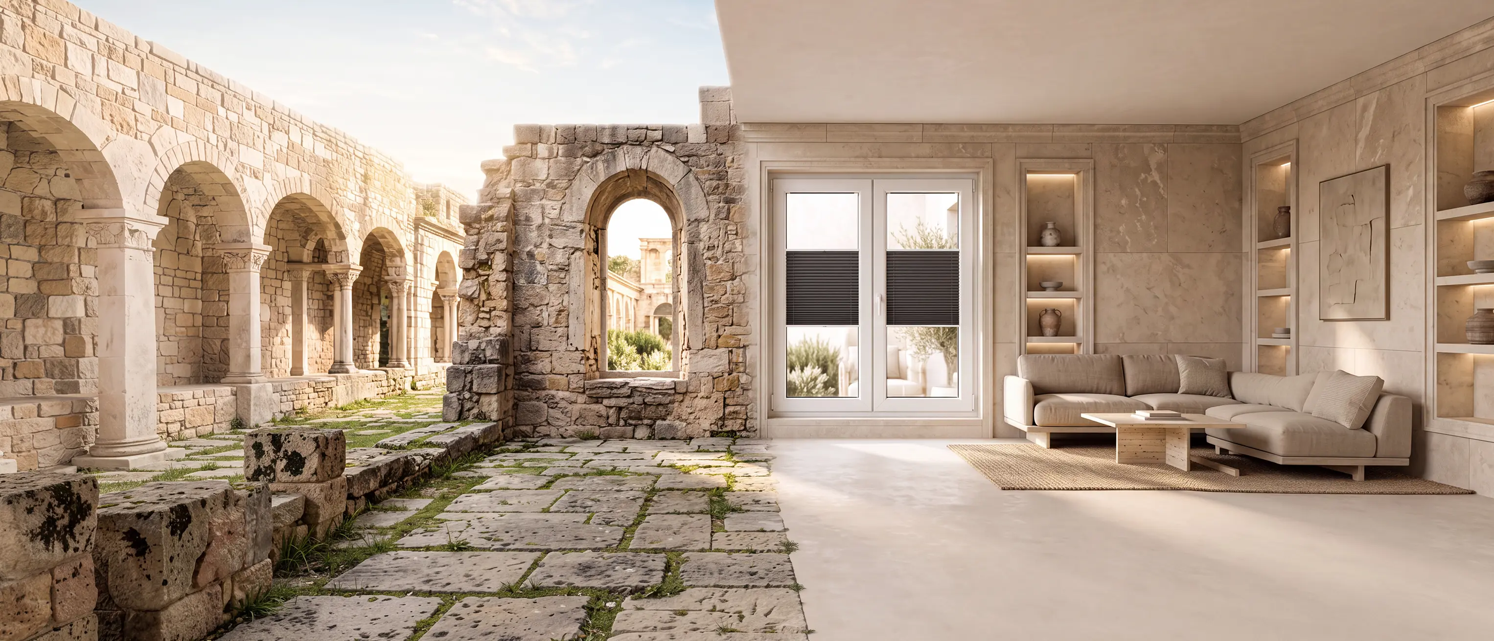A split image: on the right, a modern interior with a pleated blind on the window; on the left, a view of ancient ruins.