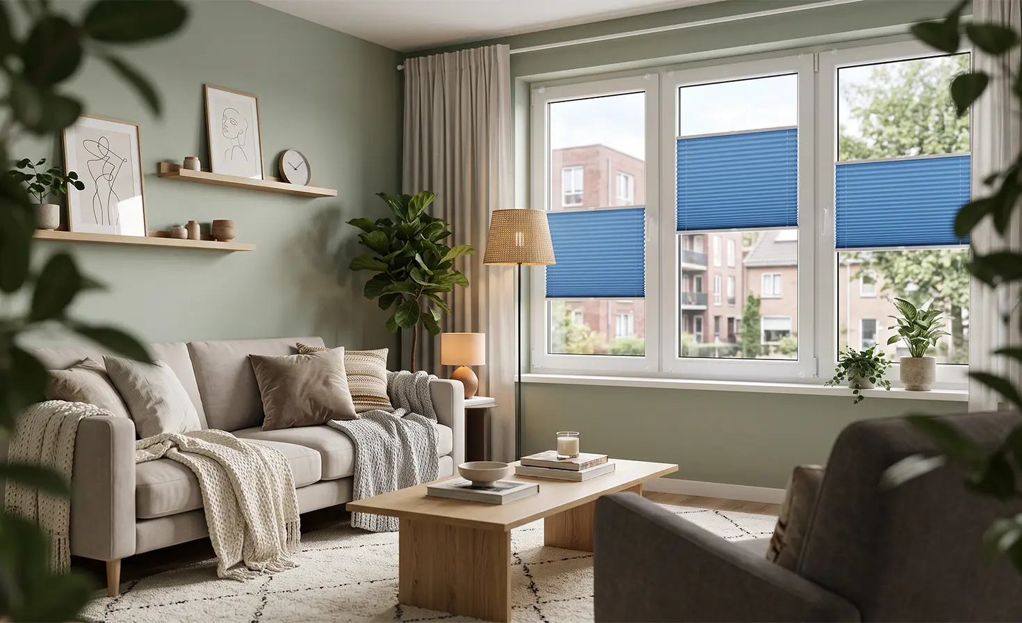 A small room in a rented apartment with blue standard pleated blinds on the window.