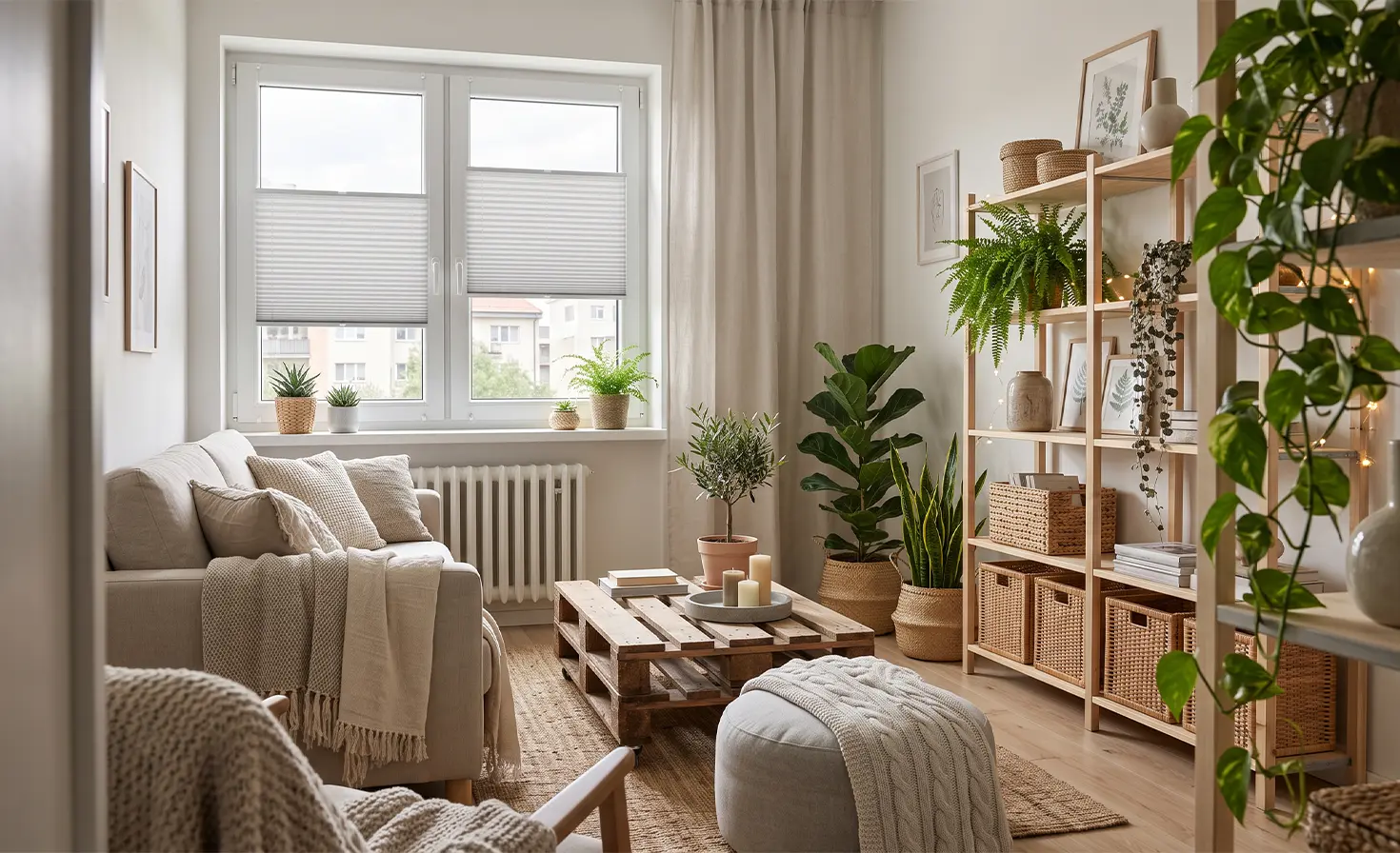A small, cosy boho-style room with grey standard pleated blinds on the window.