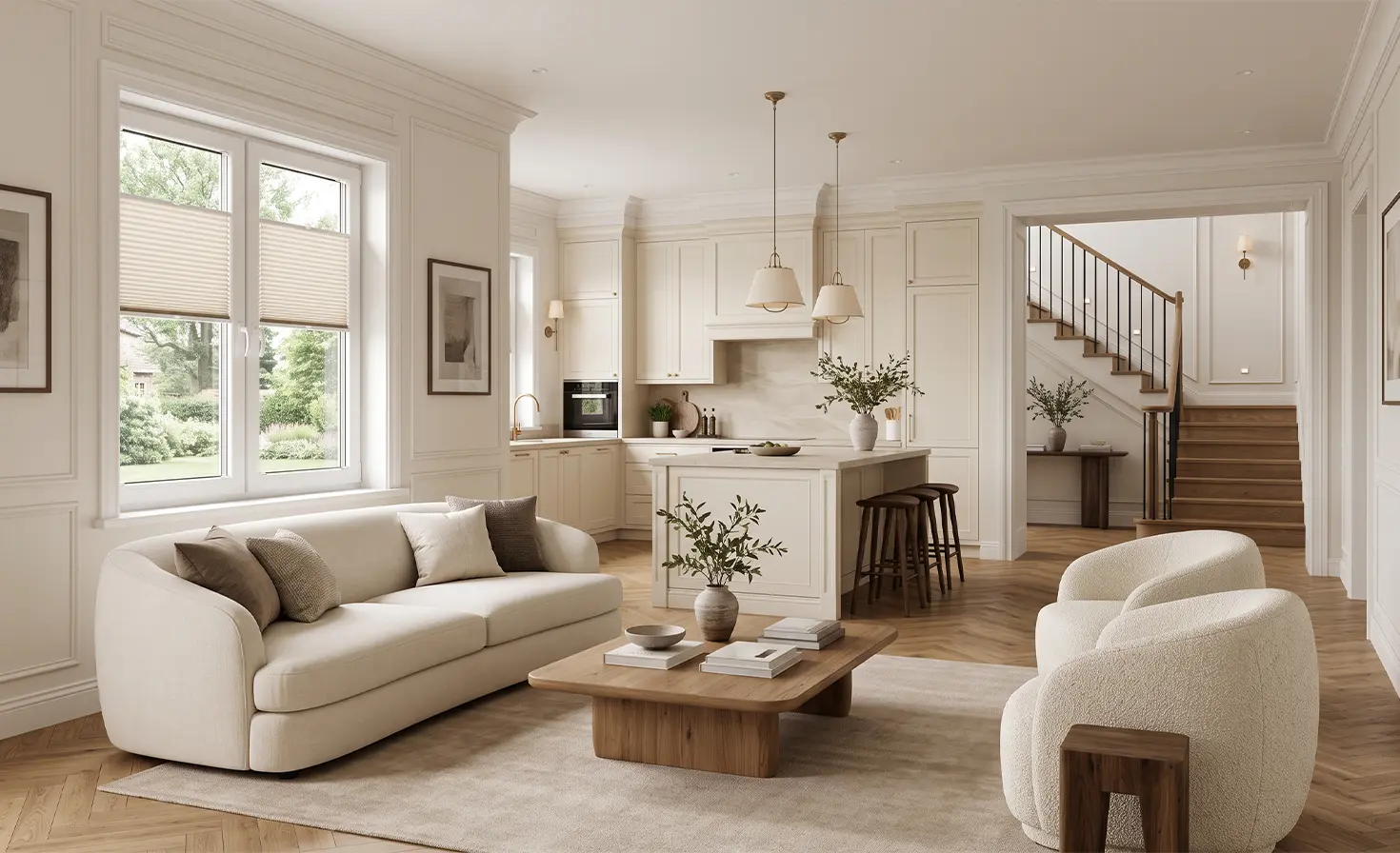 Bright, spacious open-plan living room with a kitchen in the modern classic style, featuring standard beige pleated blinds on the window.