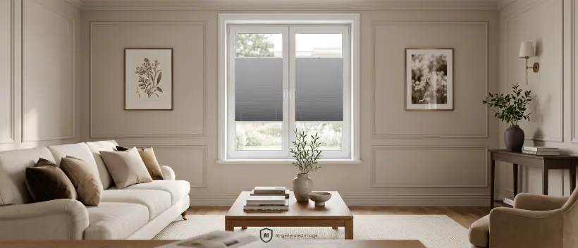 Bright, spacious beige living room in the modern classic style with standard grey pleated blinds on the window.