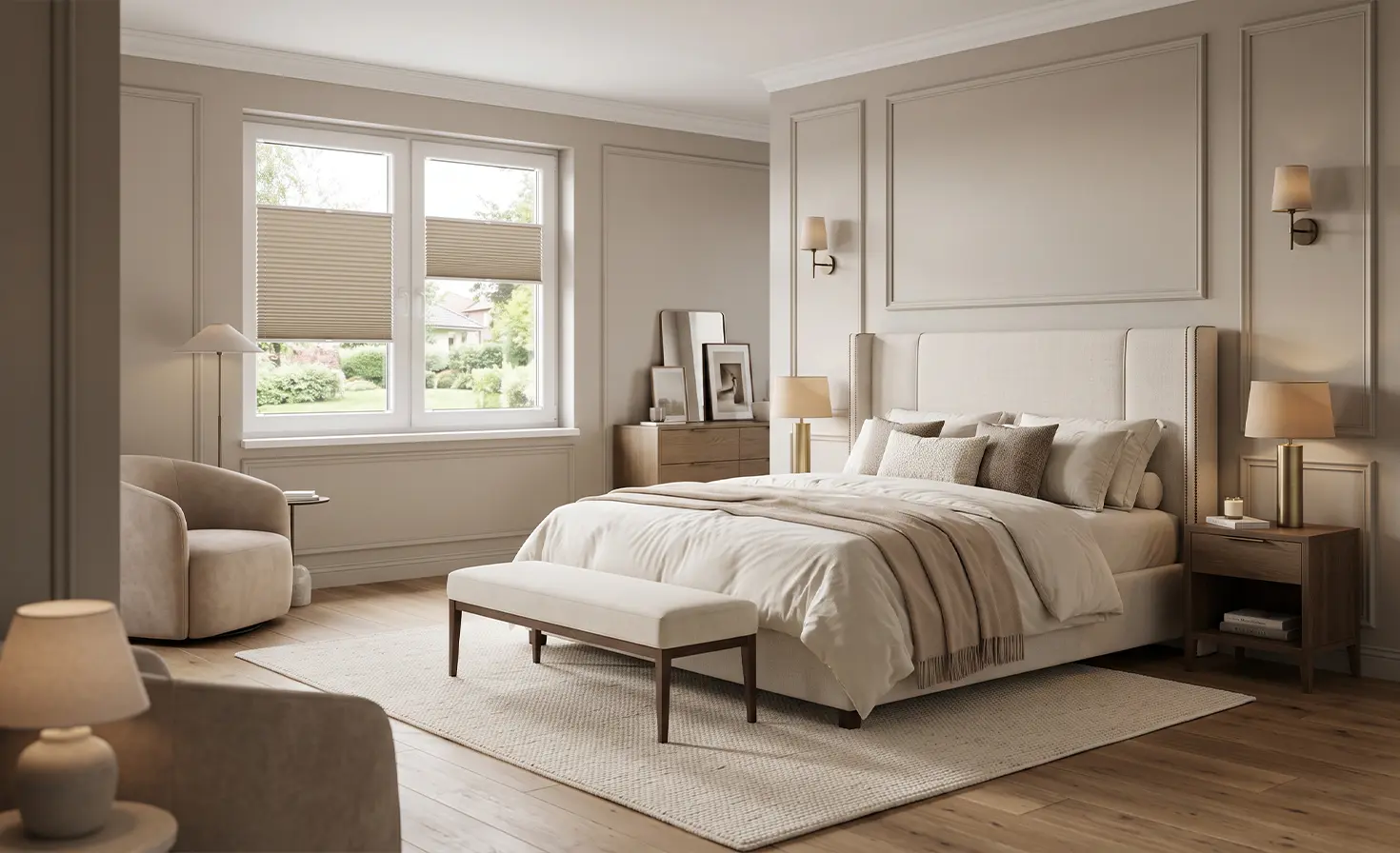 Cosy bedroom in the modern classic style with beige honeycomb pleated blinds on the window.