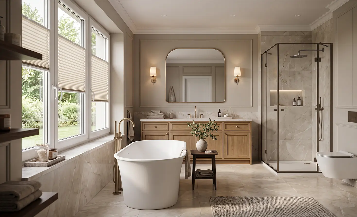 Modern, spacious bathroom in the modern classic style with standard beige pleated blinds on the window.