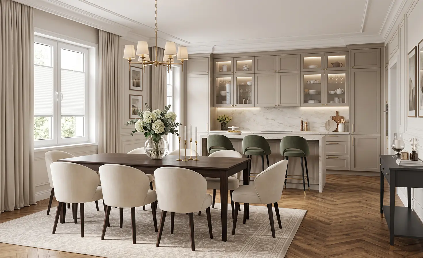 Spacious kitchen and dining area in modern classic style with white standard pleated blinds at the window