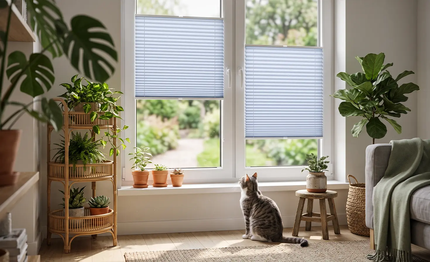 Tiny grey kitten looking out of the window, with standard blue pleated blinds on the window.