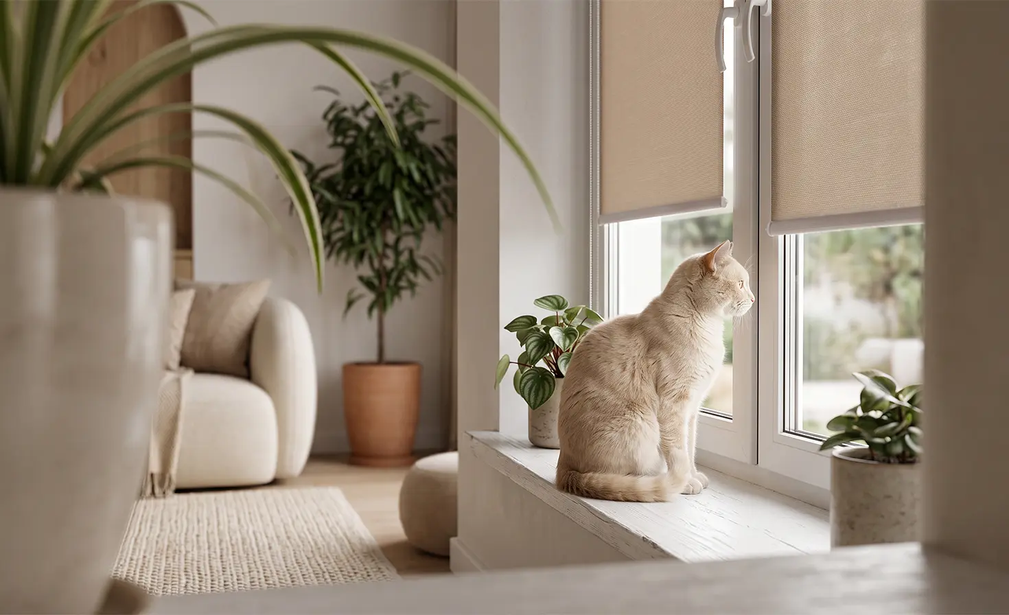 Light-coloured cat sitting on a windowsill beside a window with a standard beige roller blind.