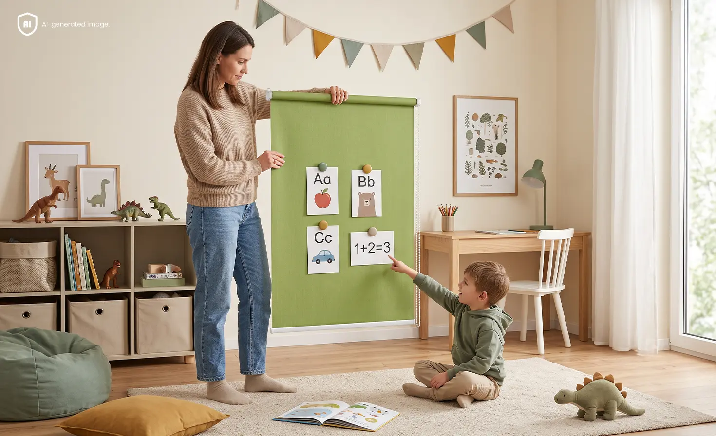 A woman holding a roller blind used as a learning board for children.