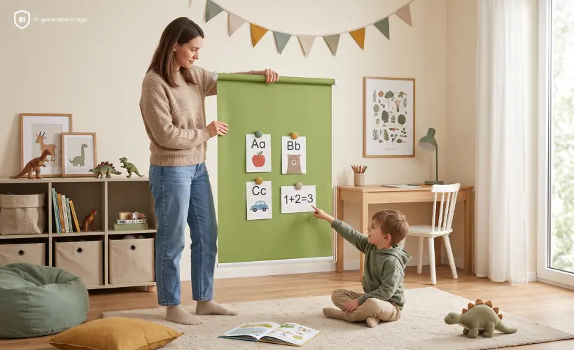 A woman holding a roller blind used as a learning board for children.
