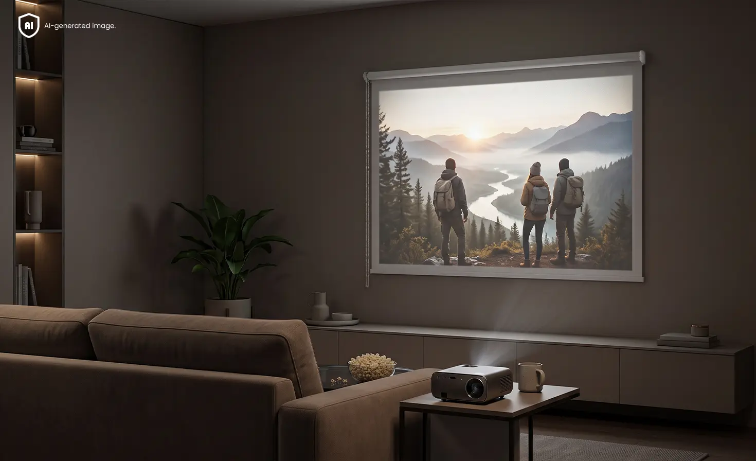 A white blackout roller blind used as a projector screen.
