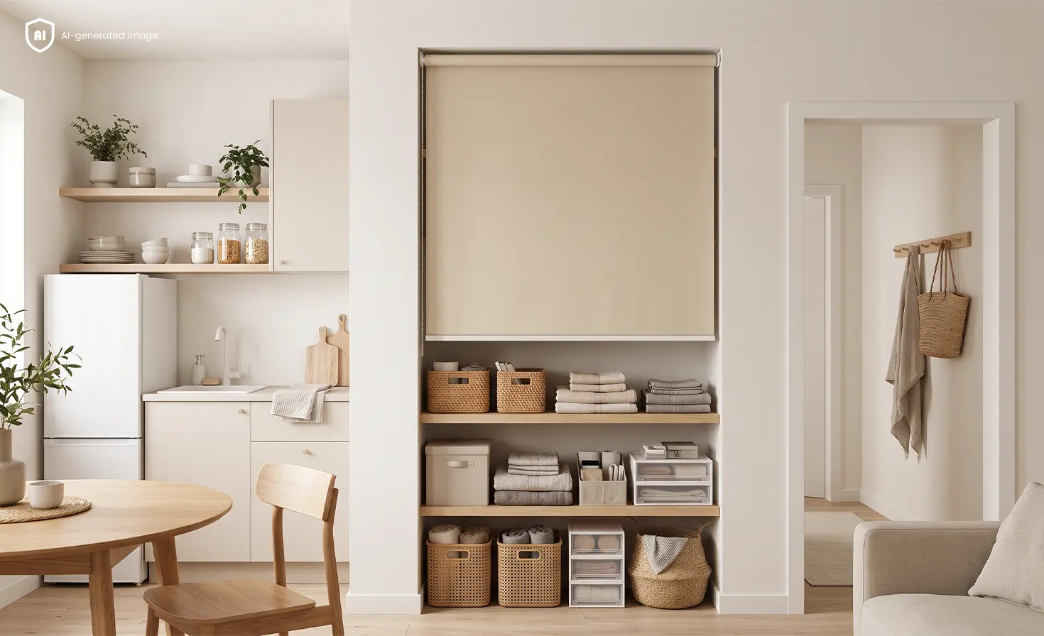 A standard roller blind mounted on the wall is used to conceal an alcove.