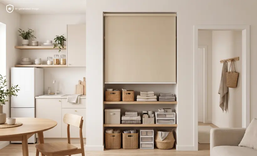 A standard roller blind mounted on the wall is used to conceal an alcove.