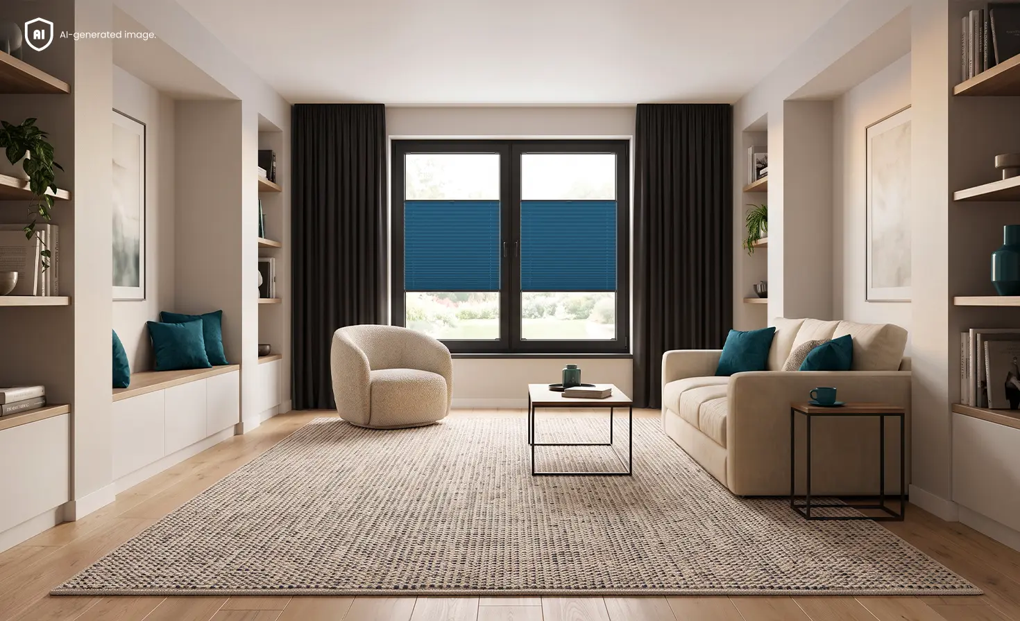 Blue pleated blinds covering the lower sections of windows in a modern living room.