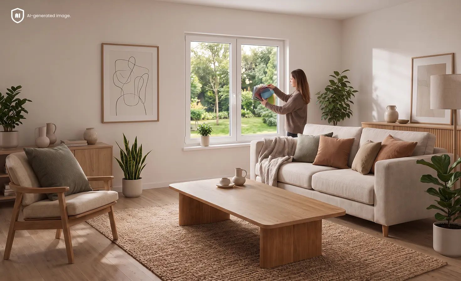 A woman comparing colour samples for window blinds in a bright living room.