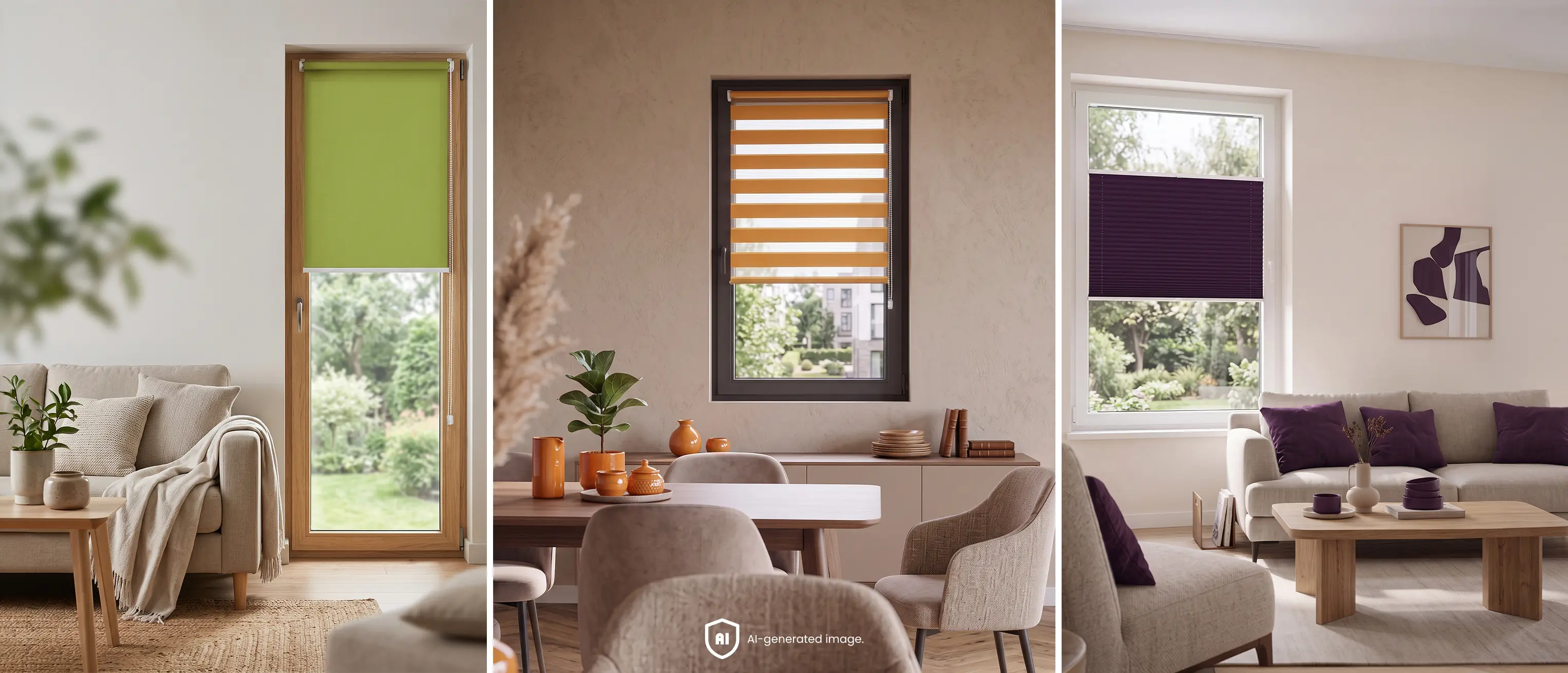 Comparison of a green roller blind, an orange day-and-night blind and a purple pleated blind mounted on window frames.