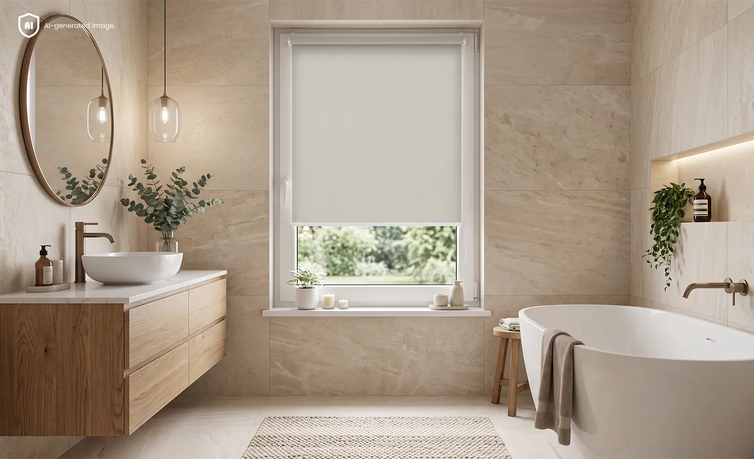 Modern beige bathroom in boho style with a standard roller blind on the window.