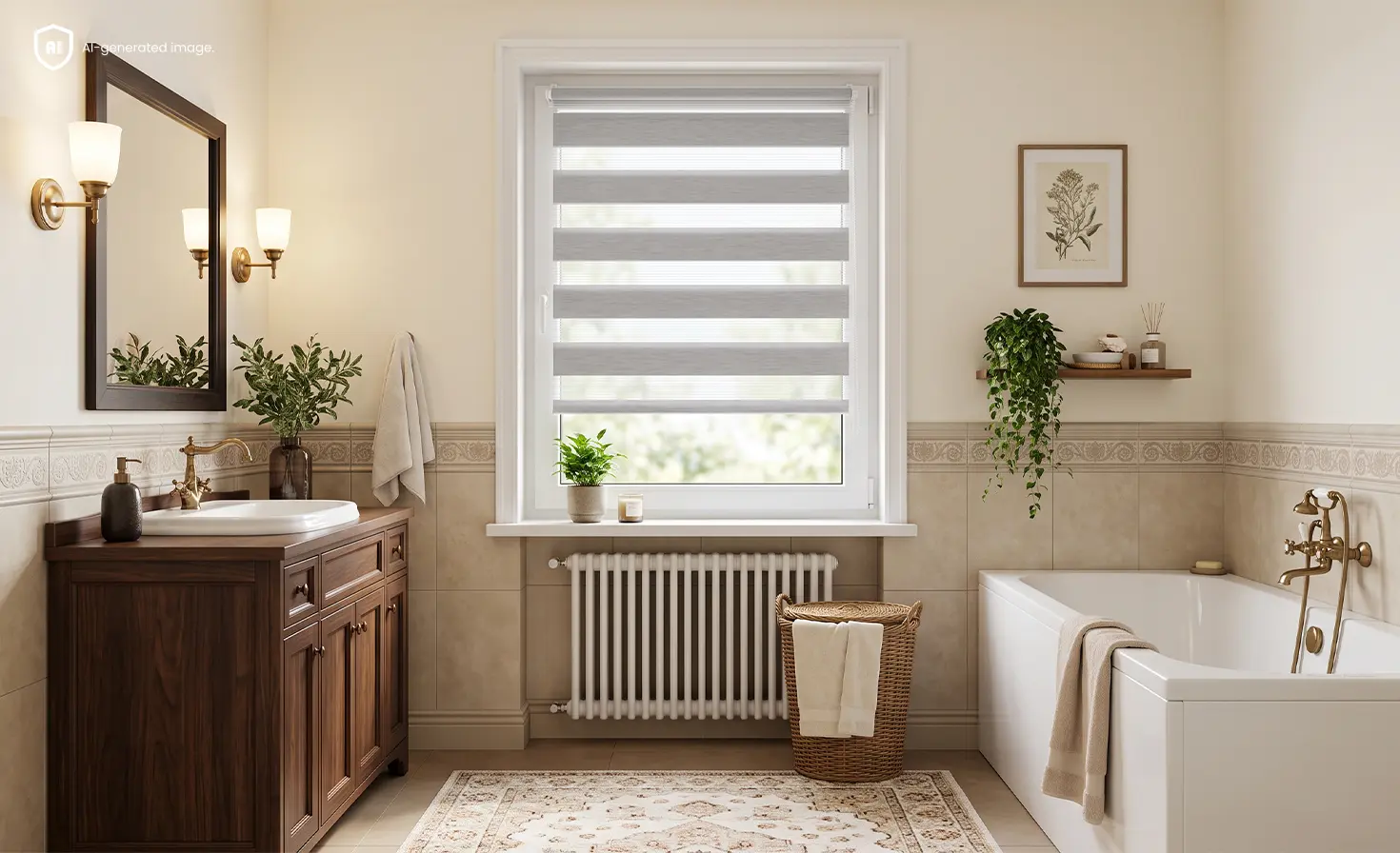 Small bathroom in an apartment with a grey day and night blind on the window.