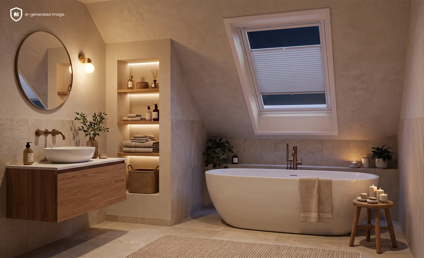 Attic bathroom with a blue roof pleated blind on the window.