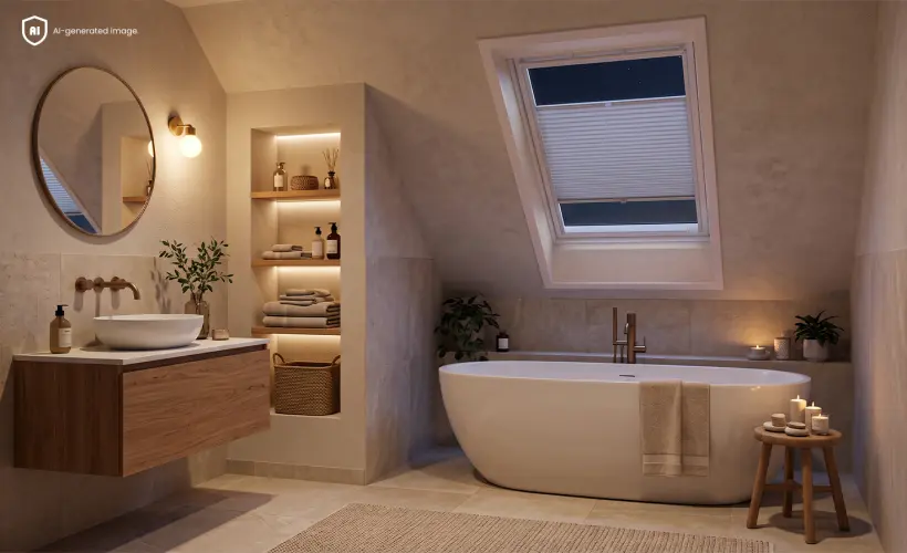 Attic bathroom with a blue roof pleated blind on the window.