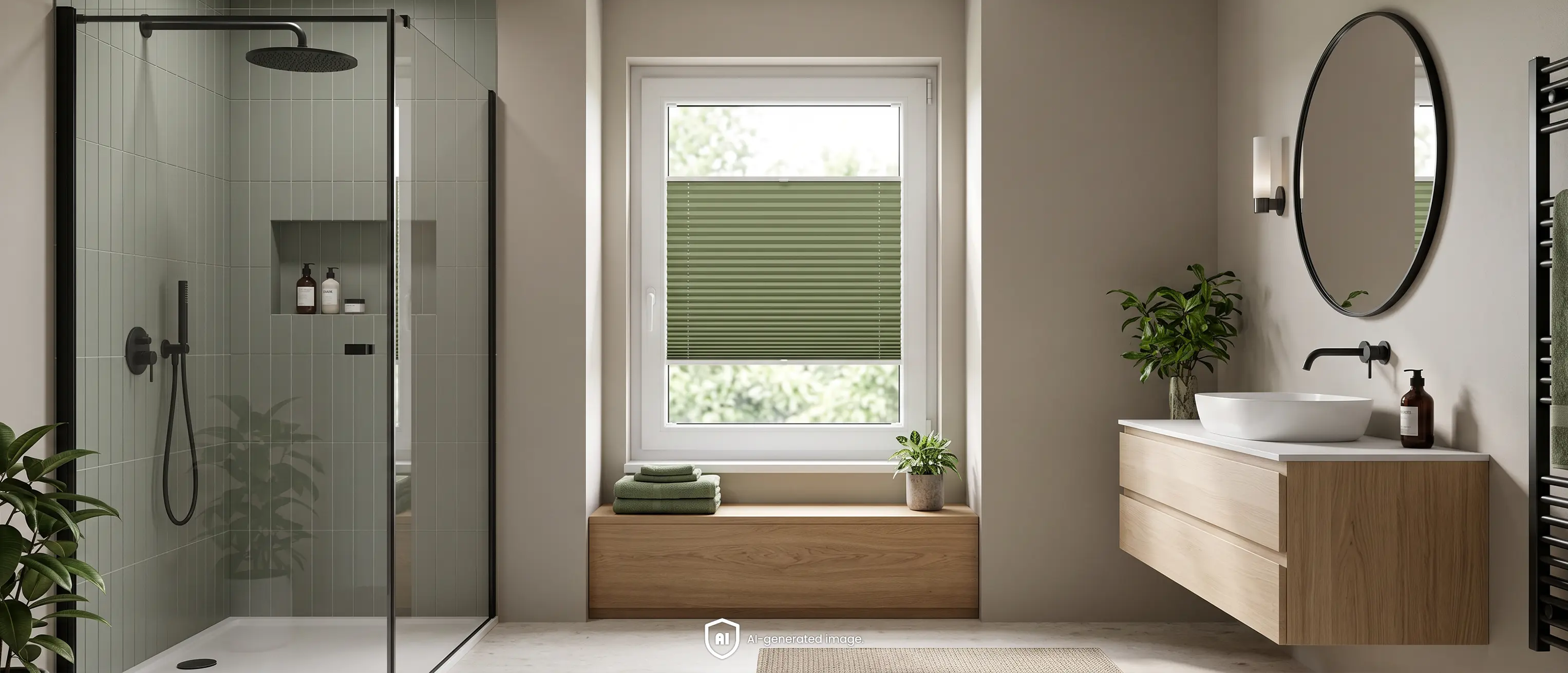Large, spacious, modern bathroom in shades of grey with a green standard pleated blind on the window.