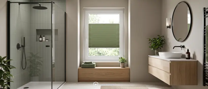 Large, spacious, modern bathroom in shades of grey with a green standard pleated blind on the window.