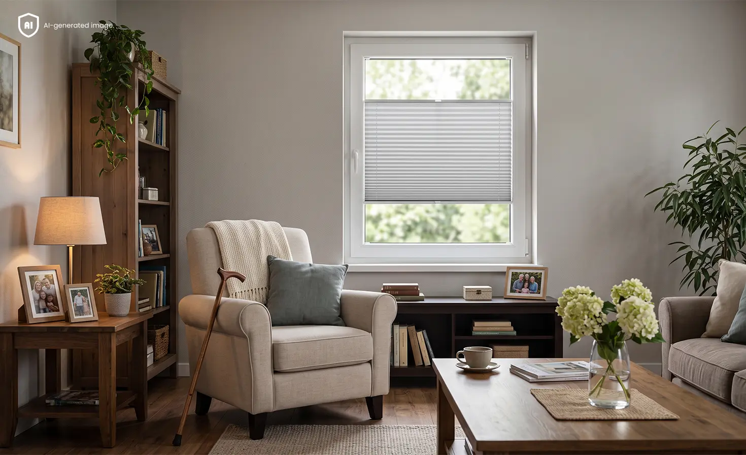 Cosy grey living room in a senior's apartment with a light-grey Standard pleated blind on the window