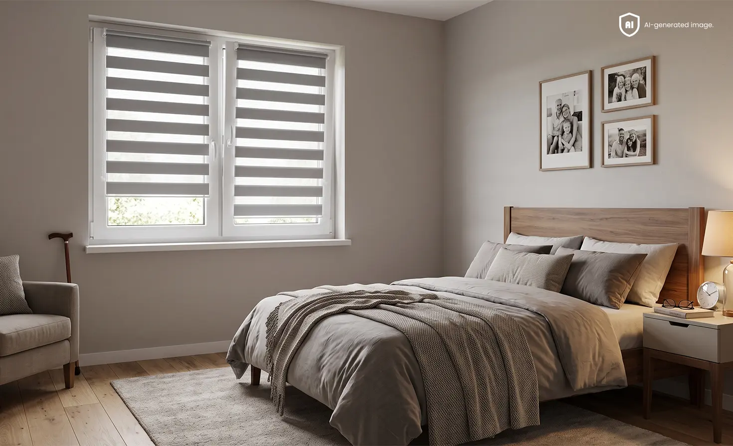 Cosy grey bedroom in a senior's apartment with grey day and night blinds on the window
