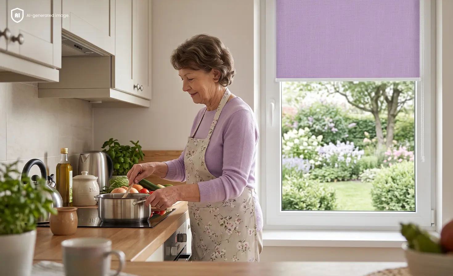 Senior woman cooking a meal in a small kitchen with a pastel-amethyst Standard roller blind on the window