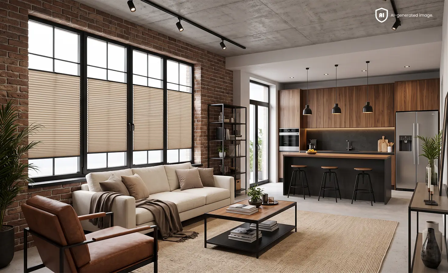 Open-plan loft-style living room and kitchen with beige pleated blinds on large windows.