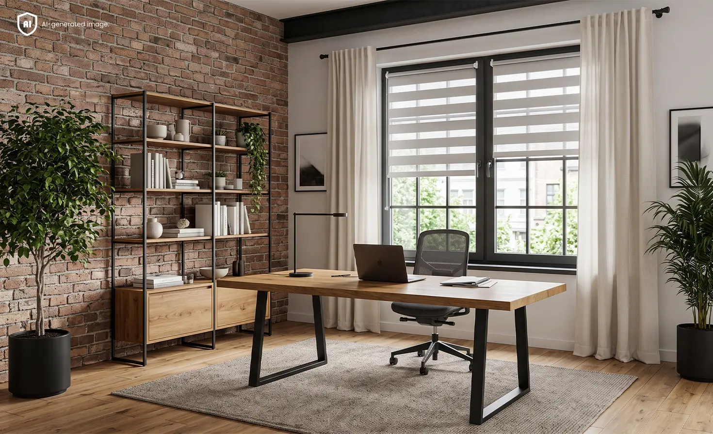 Loft-style office with a brick wall, wooden desk and light day and night blinds on the windows.