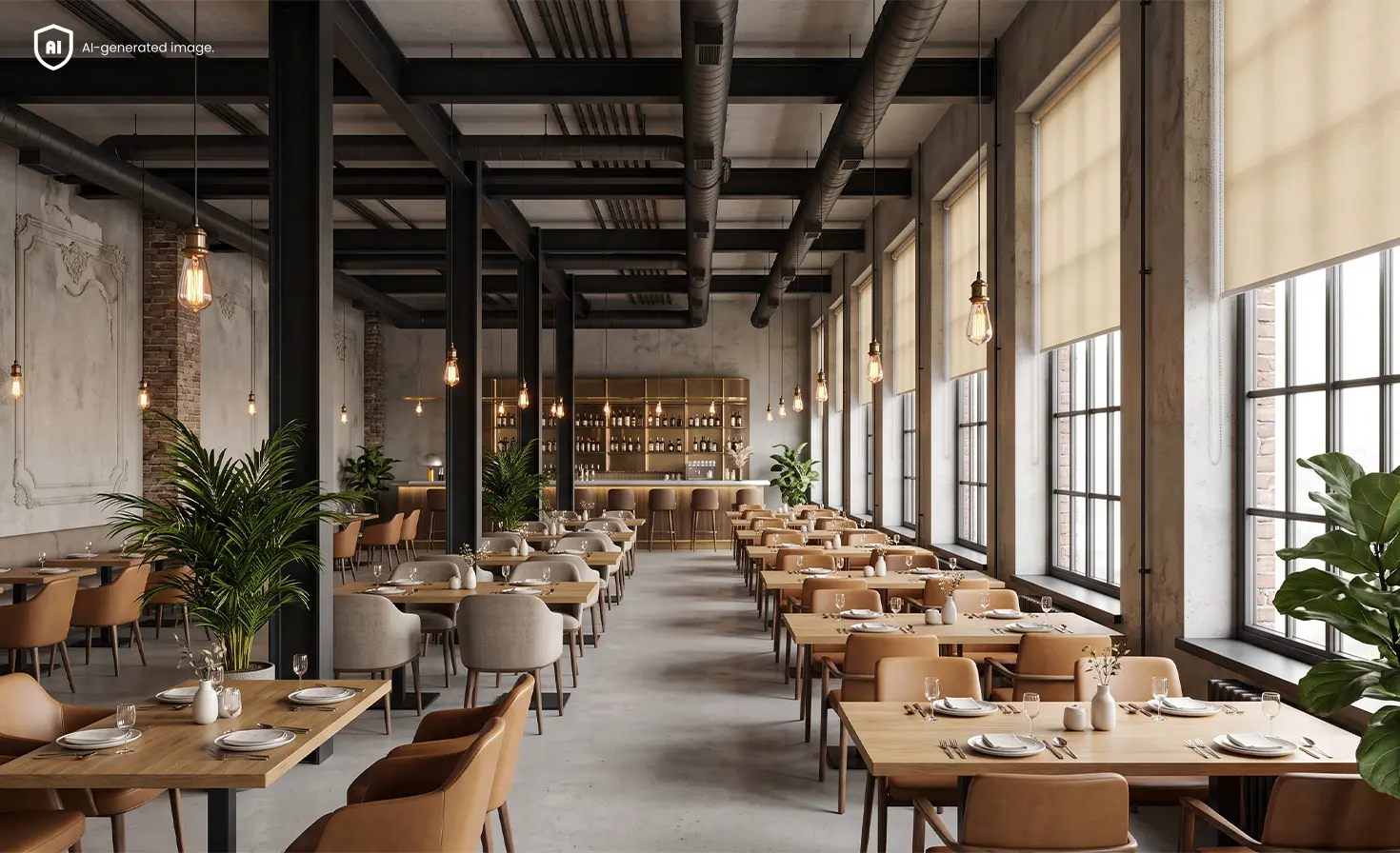 Spacious loft-style restaurant with large windows fitted with light roller blinds.