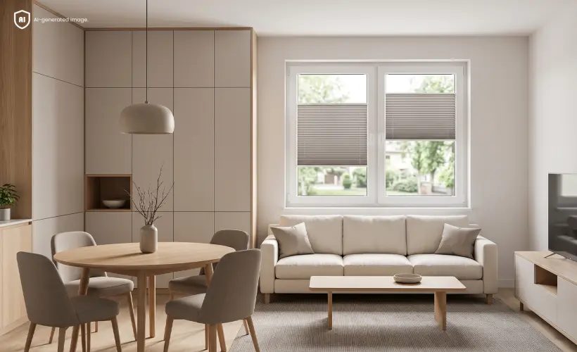 Small minimalist living room with dining area and grey standard pleated blinds on the window