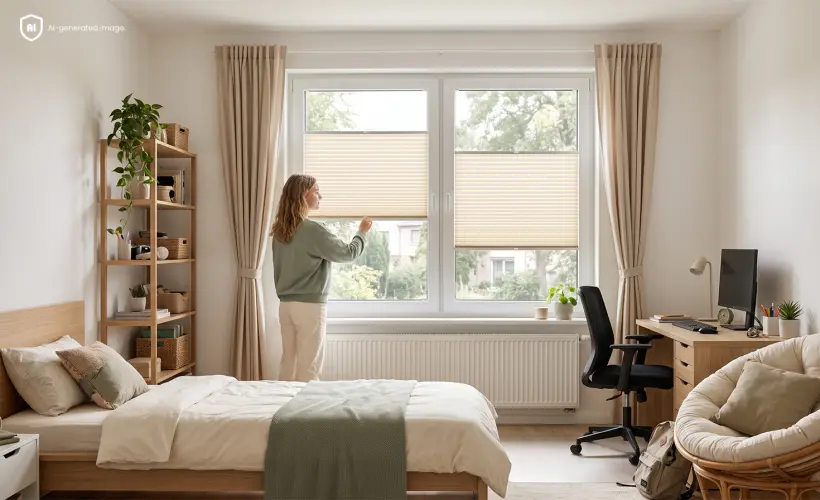 A teenage girl adjusts beige pleated blinds in a bright room with space for study and relaxation.