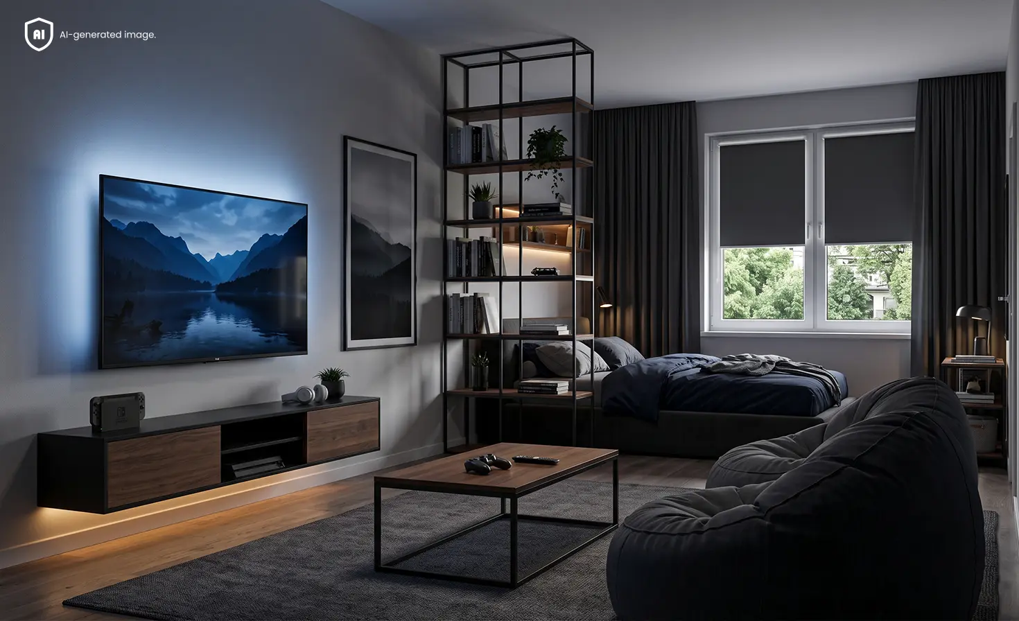 A relaxation zone in a teenager's room with dark roller blinds at the window.