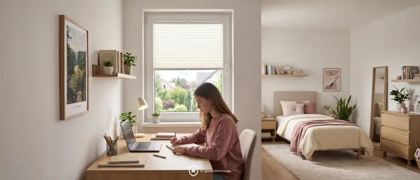 A teenage girl studies at a desk beside a window with a beige pleated blind.