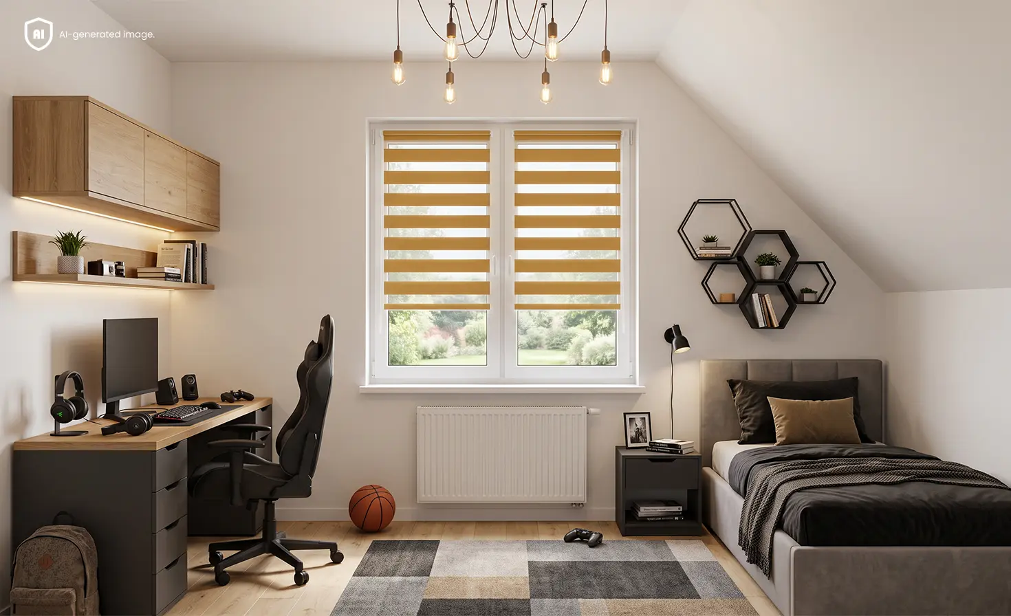 A teenager's room with a desk, bed and yellow day and night blinds at the window.