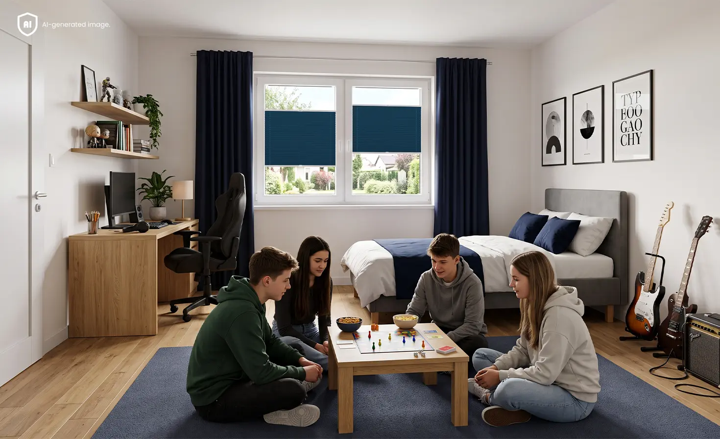 A group of teenagers spend time playing a board game in a room with blue pleated blinds at the window.