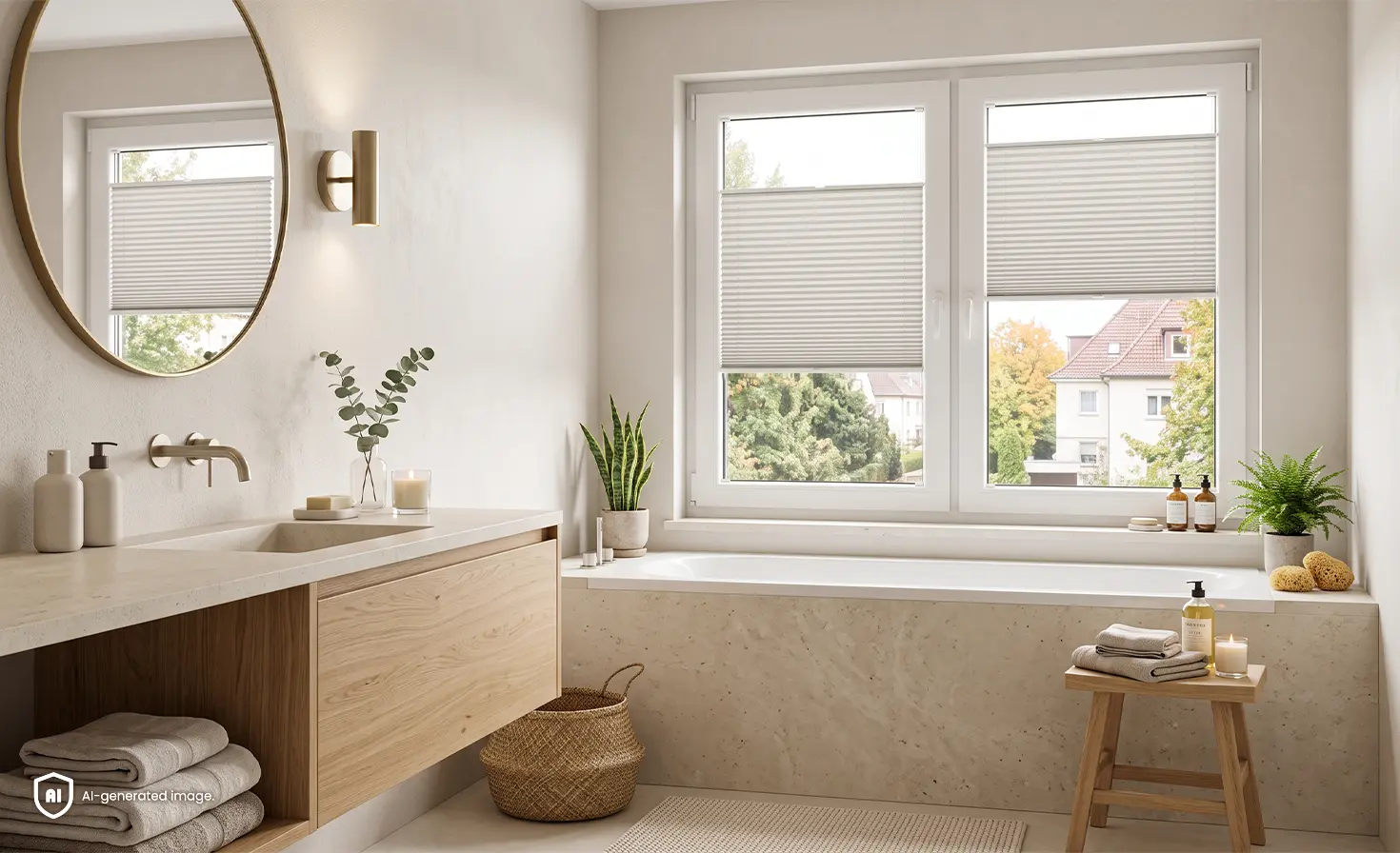Bright New Cozy bathroom with a large bath and grey standard pleated blinds on the windows