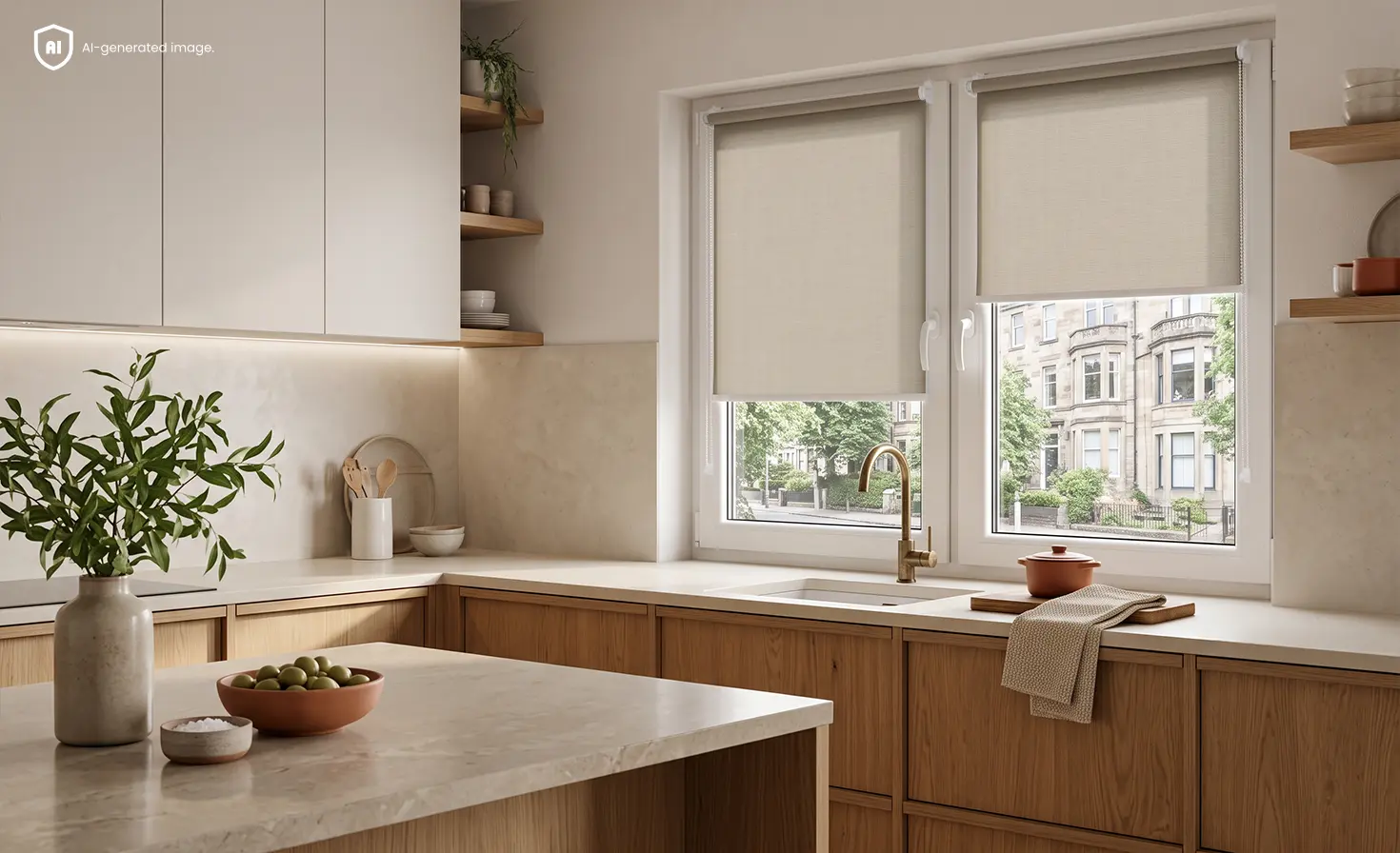 Spacious beige New Cozy kitchen with grey standard roller blinds on the windows