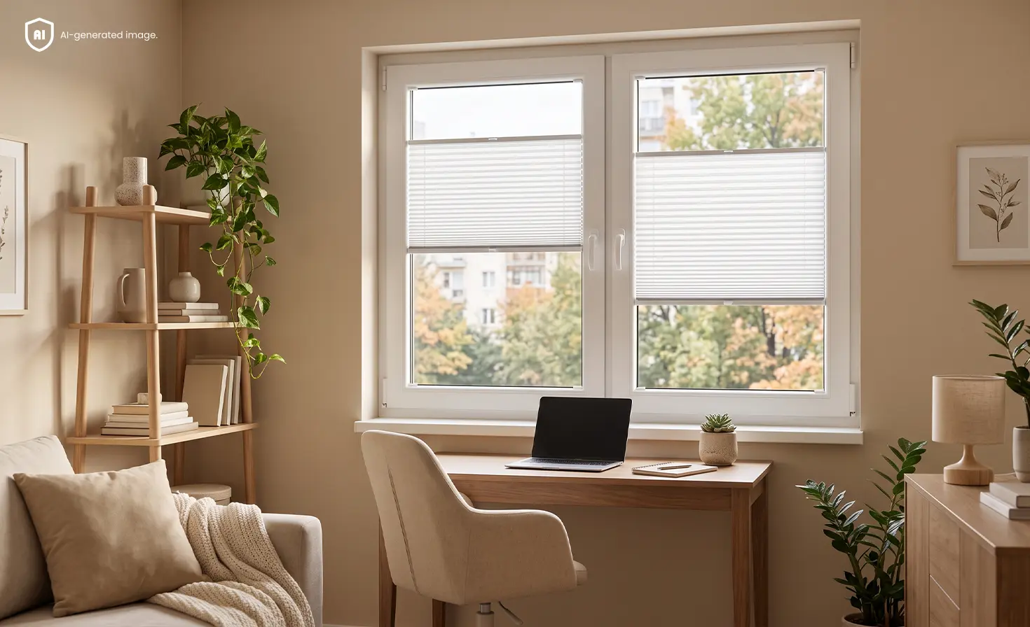 Atmospheric beige New Cozy home office with white standard pleated blinds on the window