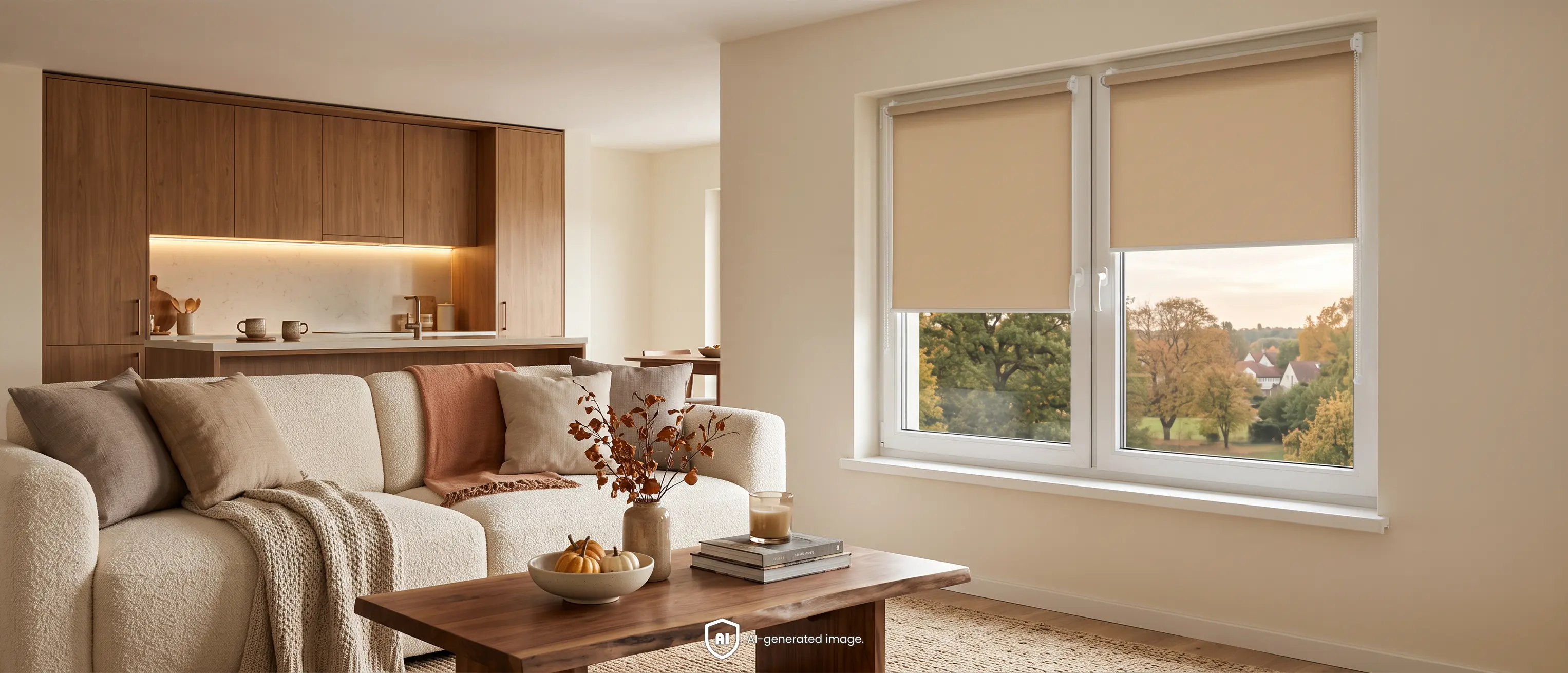 Large, cosy New Cozy living room with an open-plan kitchen and standard walnut-coloured roller blinds on the windows