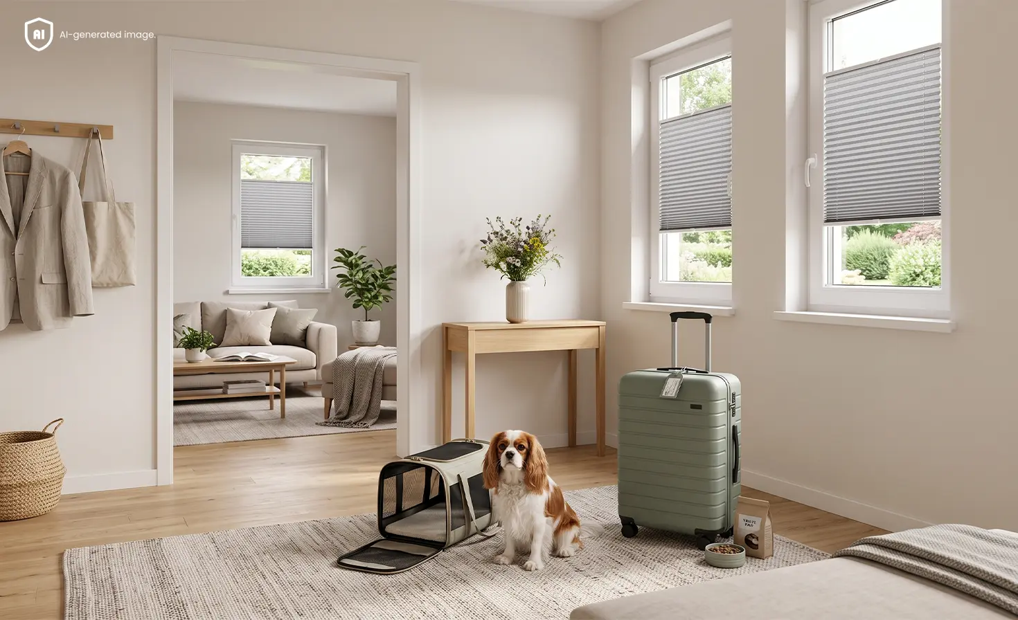 Dog sitting beside a suitcase in a bright interior with grey pleated blinds on the windows.