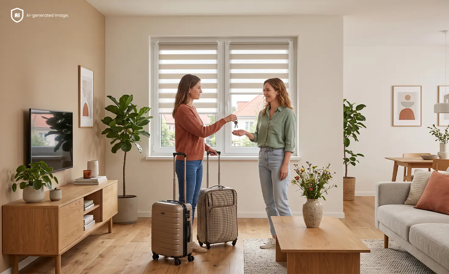 Two women handing over keys in a living room with day and night blinds.