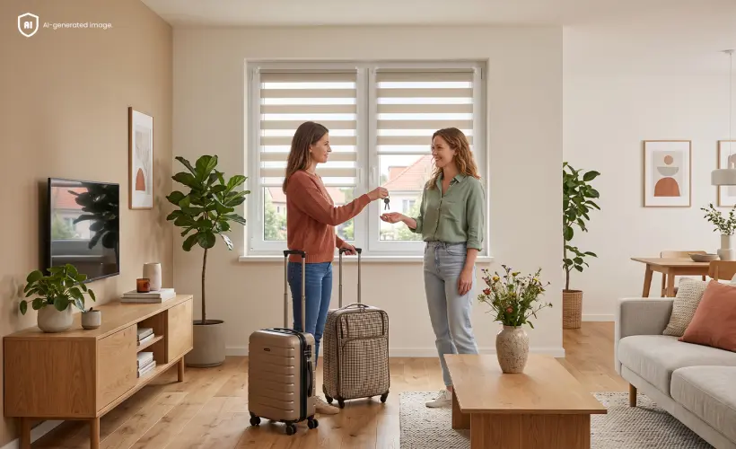 Two women handing over keys in a living room with day and night blinds.