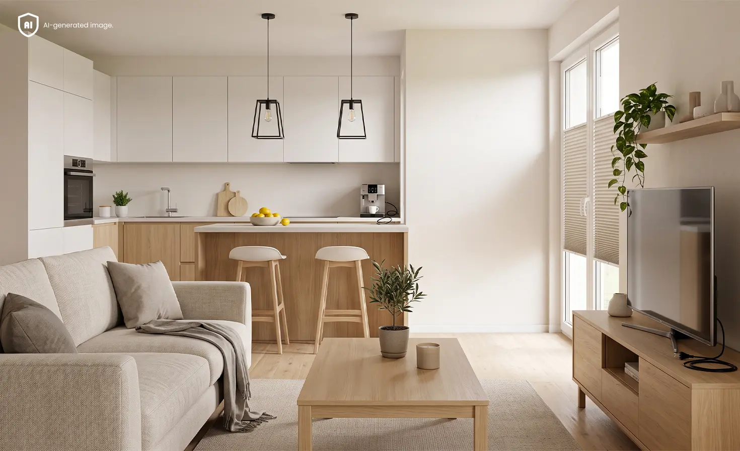 Bright open-plan living room and kitchen with unplugged electrical devices and beige pleated blinds on the windows.