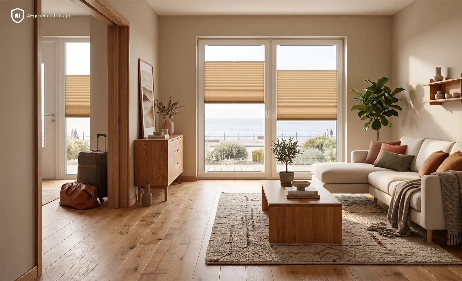 Living room with a view outside, beige pleated blinds and a suitcase.