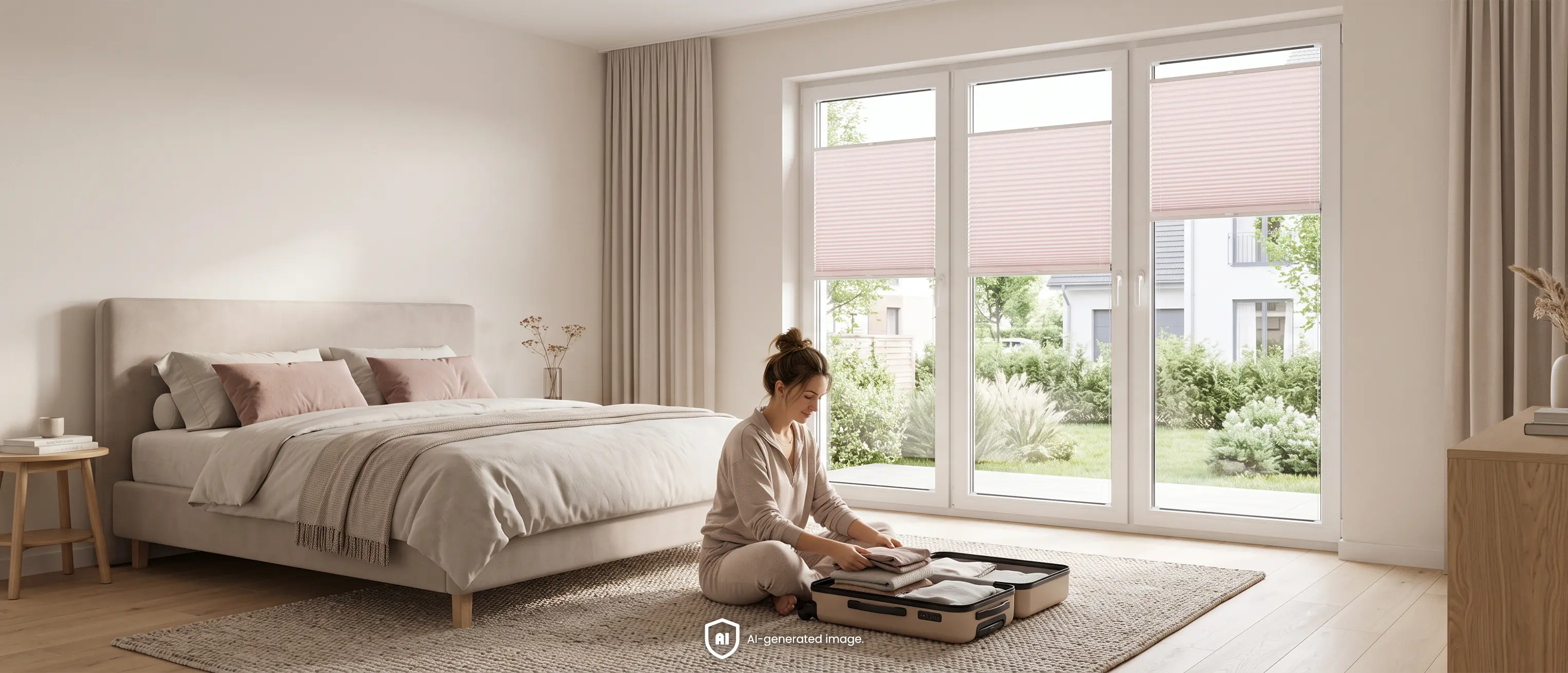 Woman packing a suitcase in a bright bedroom with pink pleated blinds on the windows.