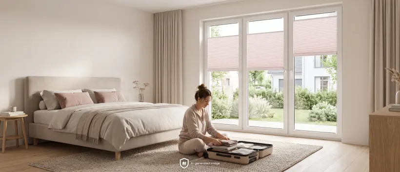 Woman packing a suitcase in a bright bedroom with pink pleated blinds on the windows.